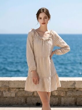 J.Crew Seersucker Gingham Ruffle Neck Mini Dress 10 Beige Checkered EUC